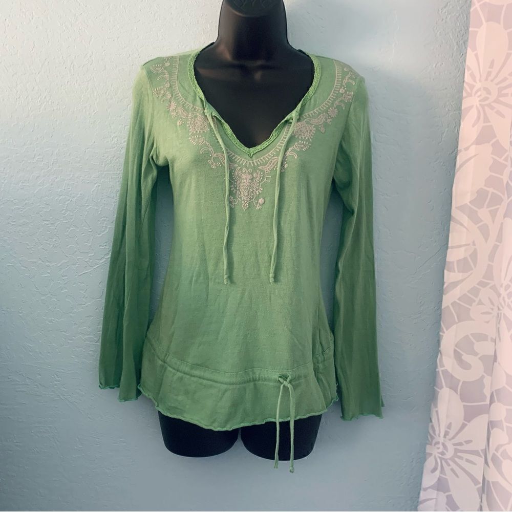 Next Era Mint Green Boho Embroidered Long Bell Sleeve Top Size Small